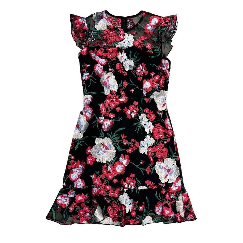Donna Morgan Black Floral Embroidered Flutter Sleeve Dress Ruffle Party Size 4